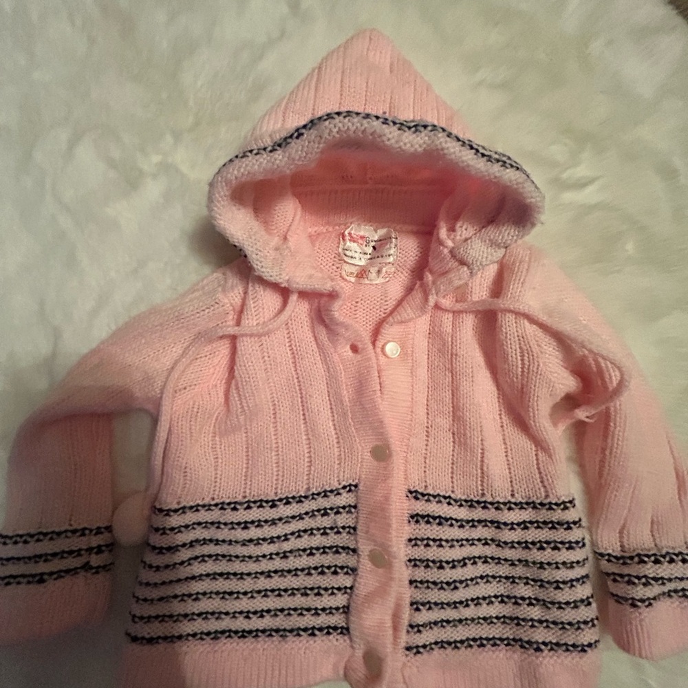 Vintage 3-6 months Pink Hooded Knit sweater Cardigan